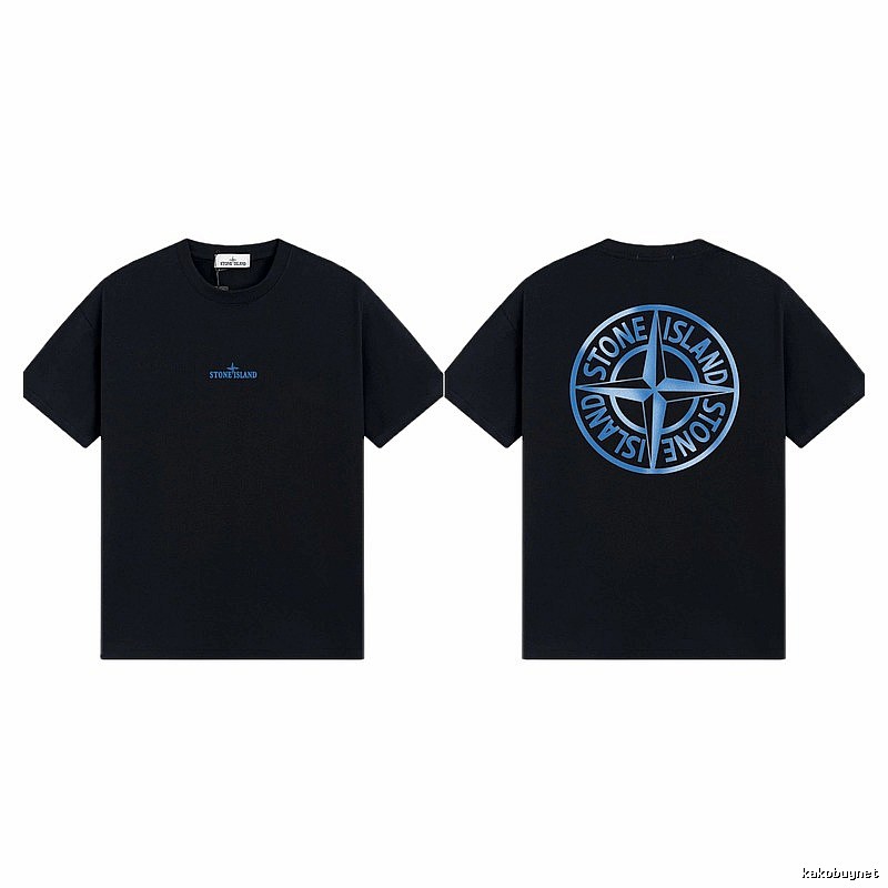 Stone Island Compass Print Street Style Black Short Sleeve T-shirt