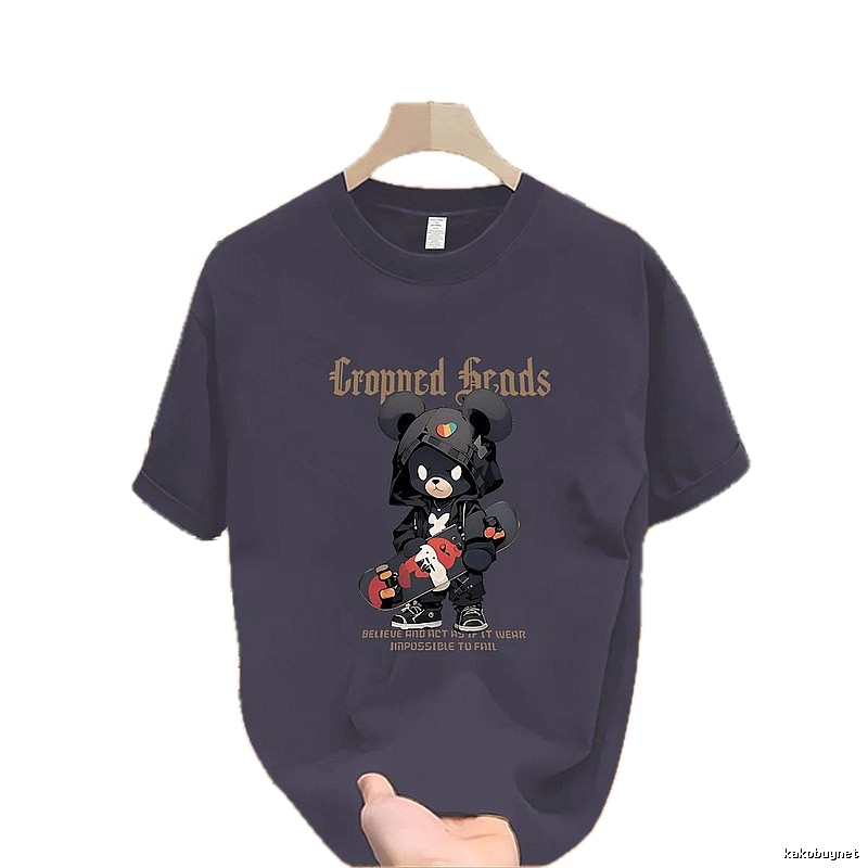Streetwear Brand Skateboard Bear Street Style Dark Grey Printed T-Shirt