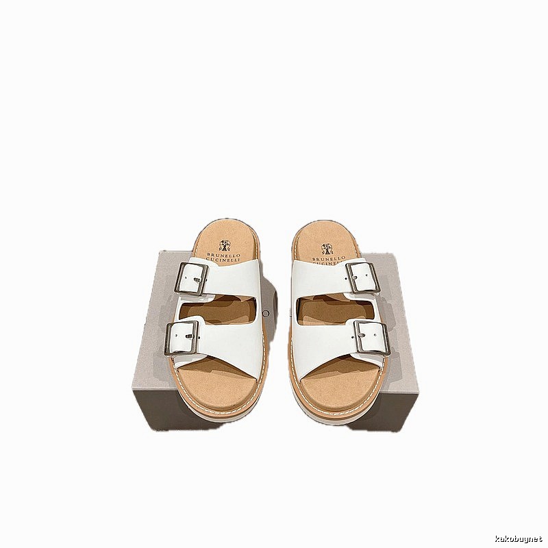 Brunello Cucinelli Double-Button Minimalist-Style White Slide Sandals