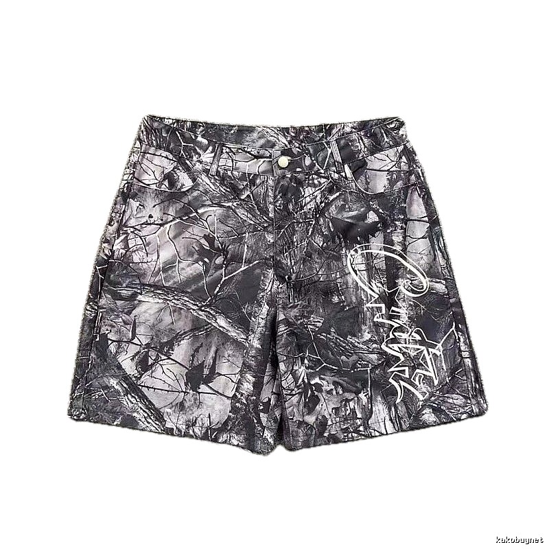 Corteiz Street Style Black and Grey Tree Grain Camouflage Shorts