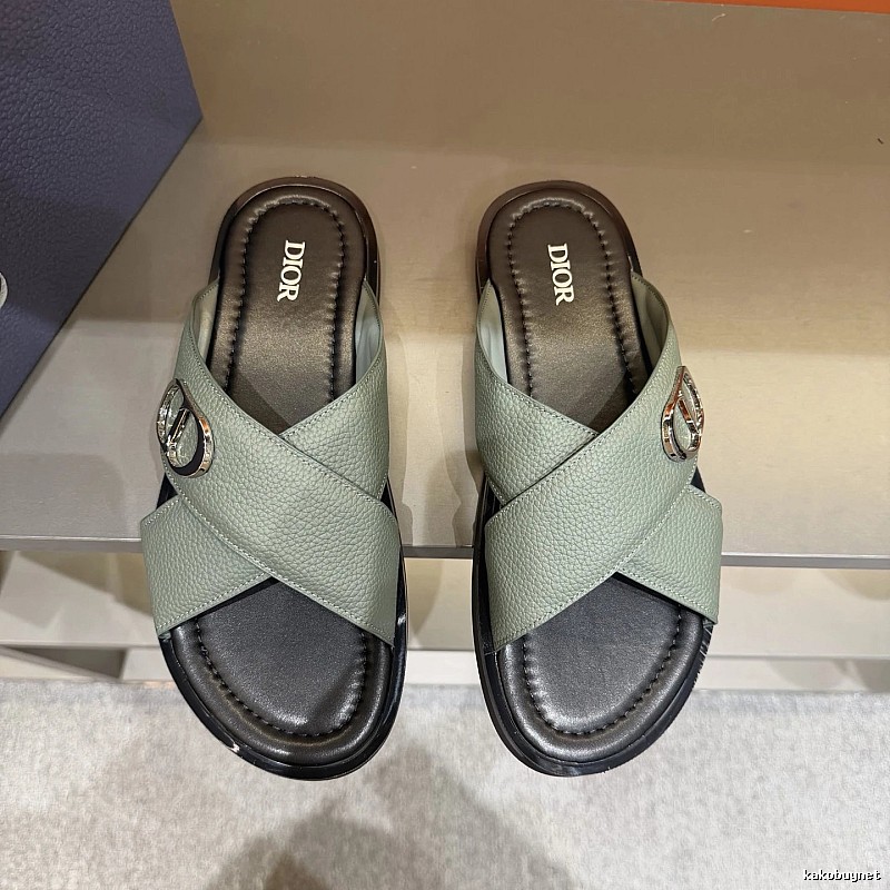 Dior Cross-strap Light Luxury Grey-green Slide Sandals