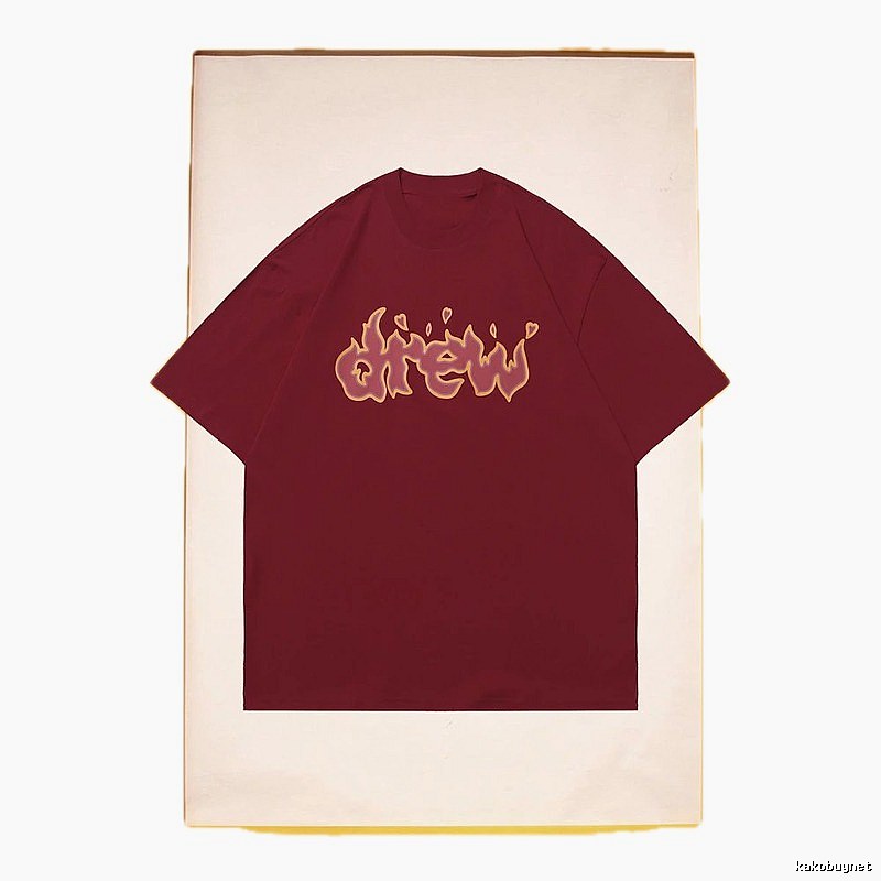 DREW Flame Heart Street Style Burgundy Short Sleeve T-Shirt