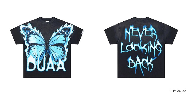 DUAA Butterfly Print Street Style Black and Blue Short-sleeved T-shirt