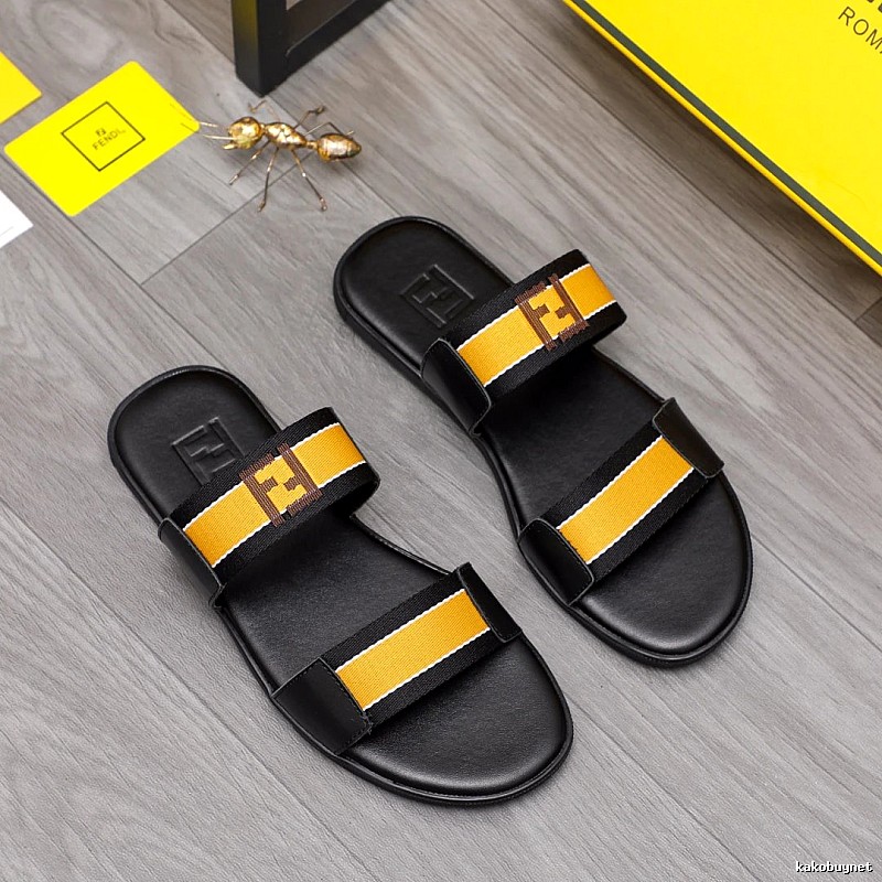 Fendi FF Collection Light Luxury Style Black and Yellow Slide Sandals