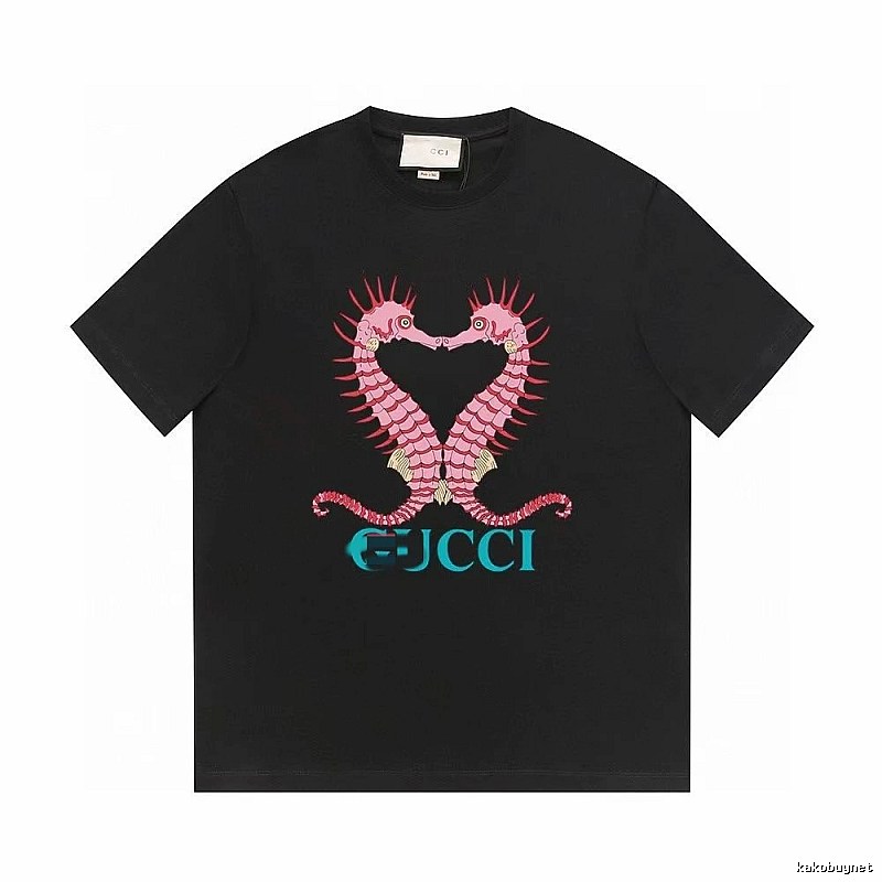 Gucci Double Seahorse Print Trendy Style Black T-Shirt