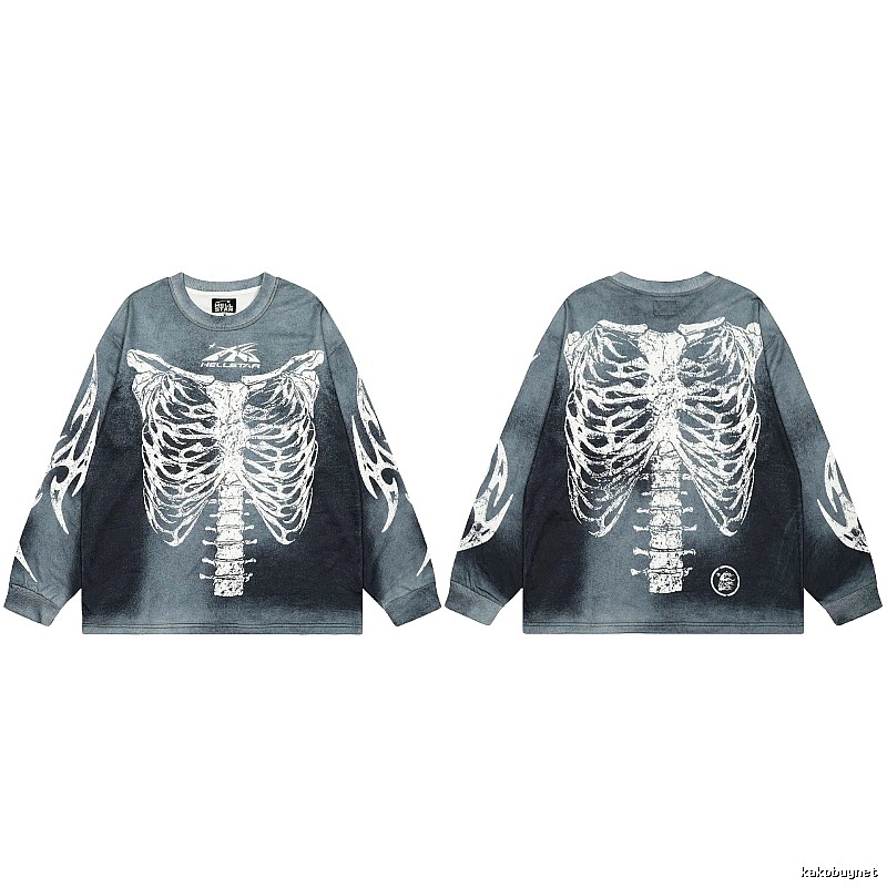 Hellstar Skull Print Street Style Vintage Grey Long Sleeve T-shirt