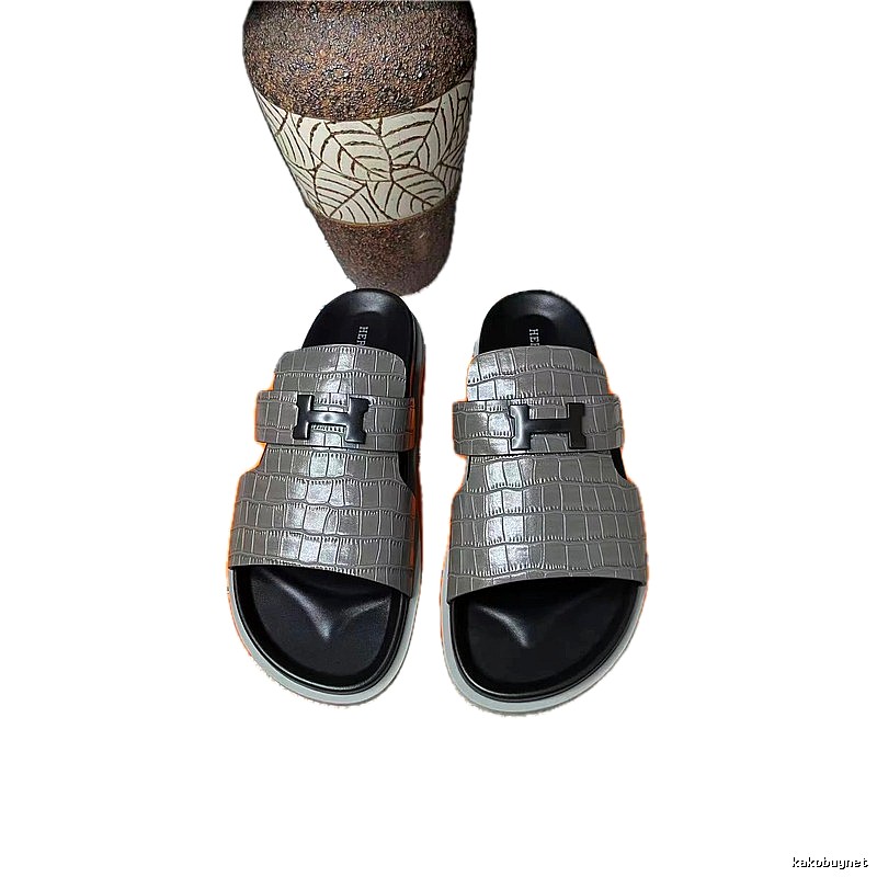 Hermès H-buckle Crocodile-Embossed Light Luxury Style Gray Slides