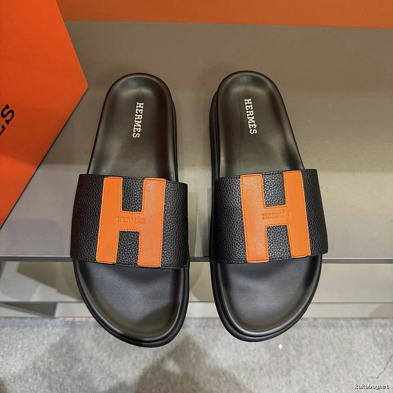 Hermès H Collection Light Luxury Style Black and Orange Color-block Slide Sandals