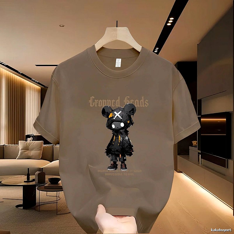 Streetwear Street Style Violent Bear Print Khaki Short-sleeve T-shirt